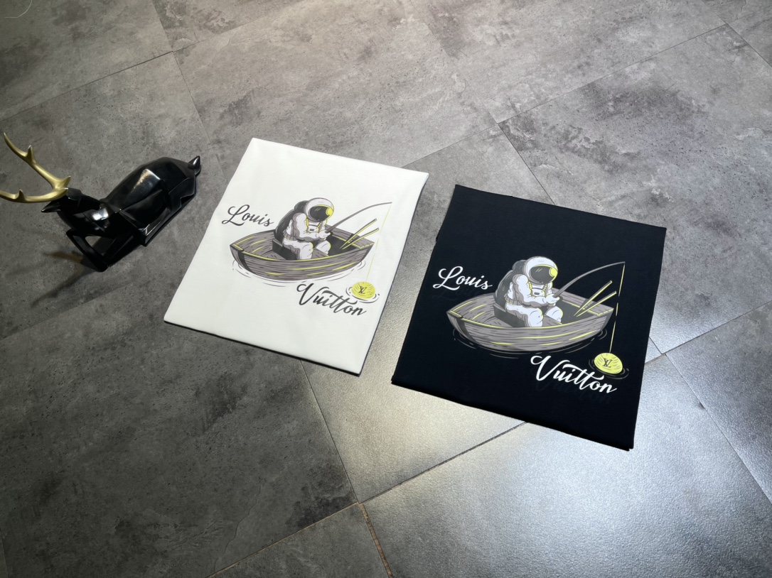 Louis Vuitton Clothing T-Shirt Black White Printing Unisex Cotton Short Sleeve