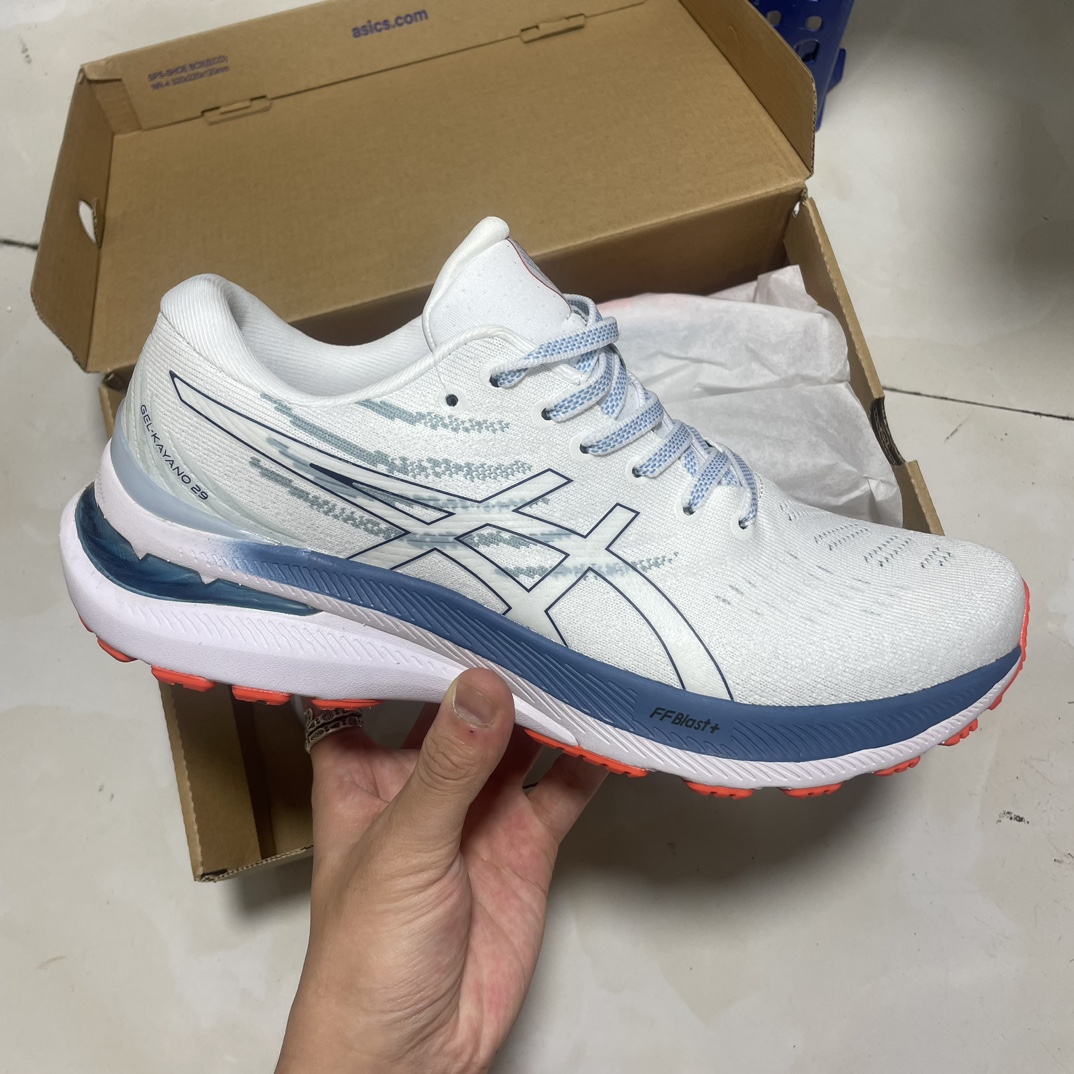 Asics Gel-Kayano 29 blanco y azul, zapatillas de running casuales y deportivas con airbag de nanofibras, #mat…
