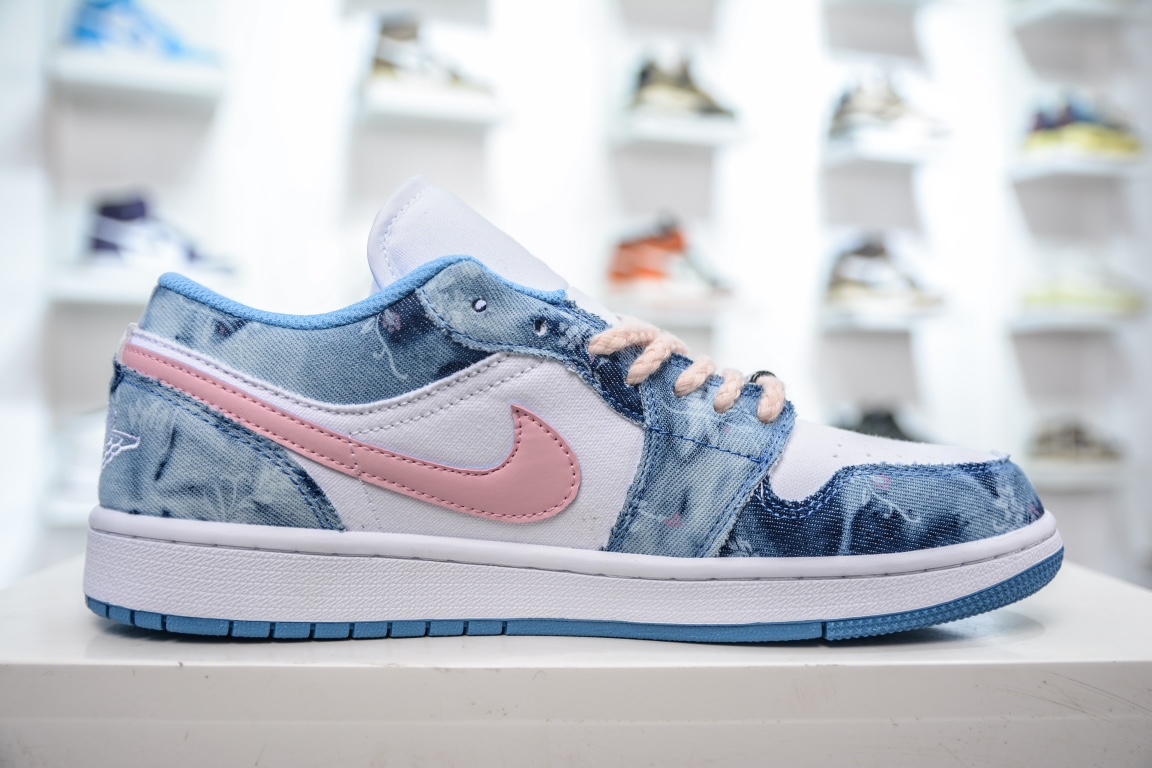 Air Jordan 1 Low ”Washed Denim” AJ1 Joe 1 denim pink hook sneakers DM8947-100