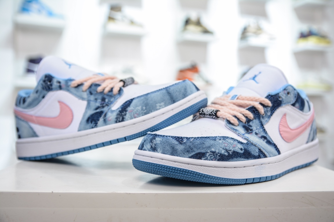 Air Jordan 1 Low ”Washed Denim” AJ1 Joe 1 denim pink hook sneakers DM8947-100