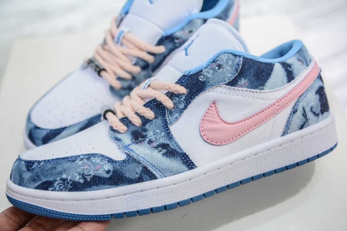 Air Jordan 1 Low ”Washed Denim” AJ1 Joe 1 denim pink hook sneakers DM8947-100