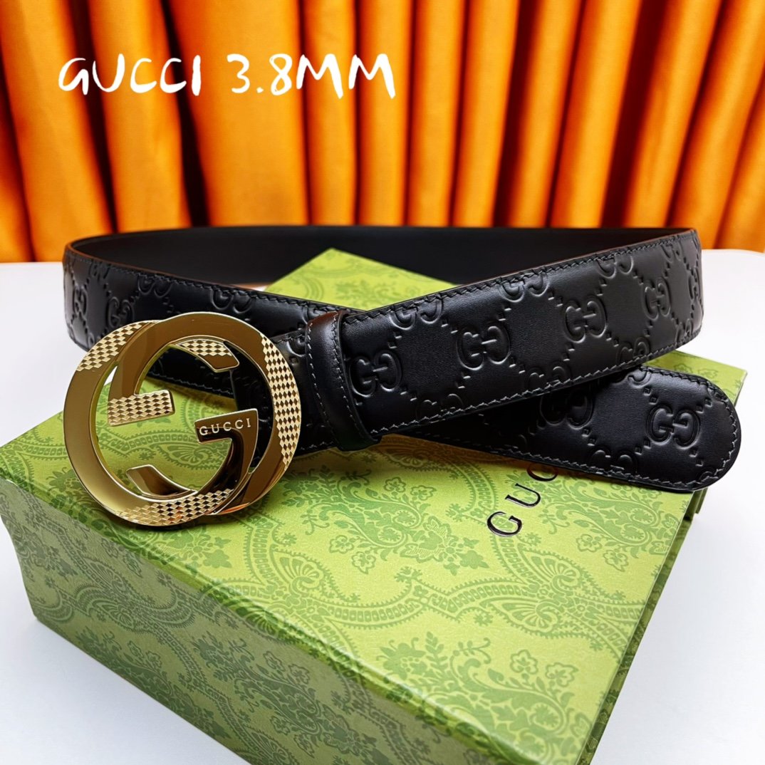 Gucci[正]原单纯钢花纹五金永不掉色头层牛皮精工制作4.0cm原厂压花高端套华实物拍摄！