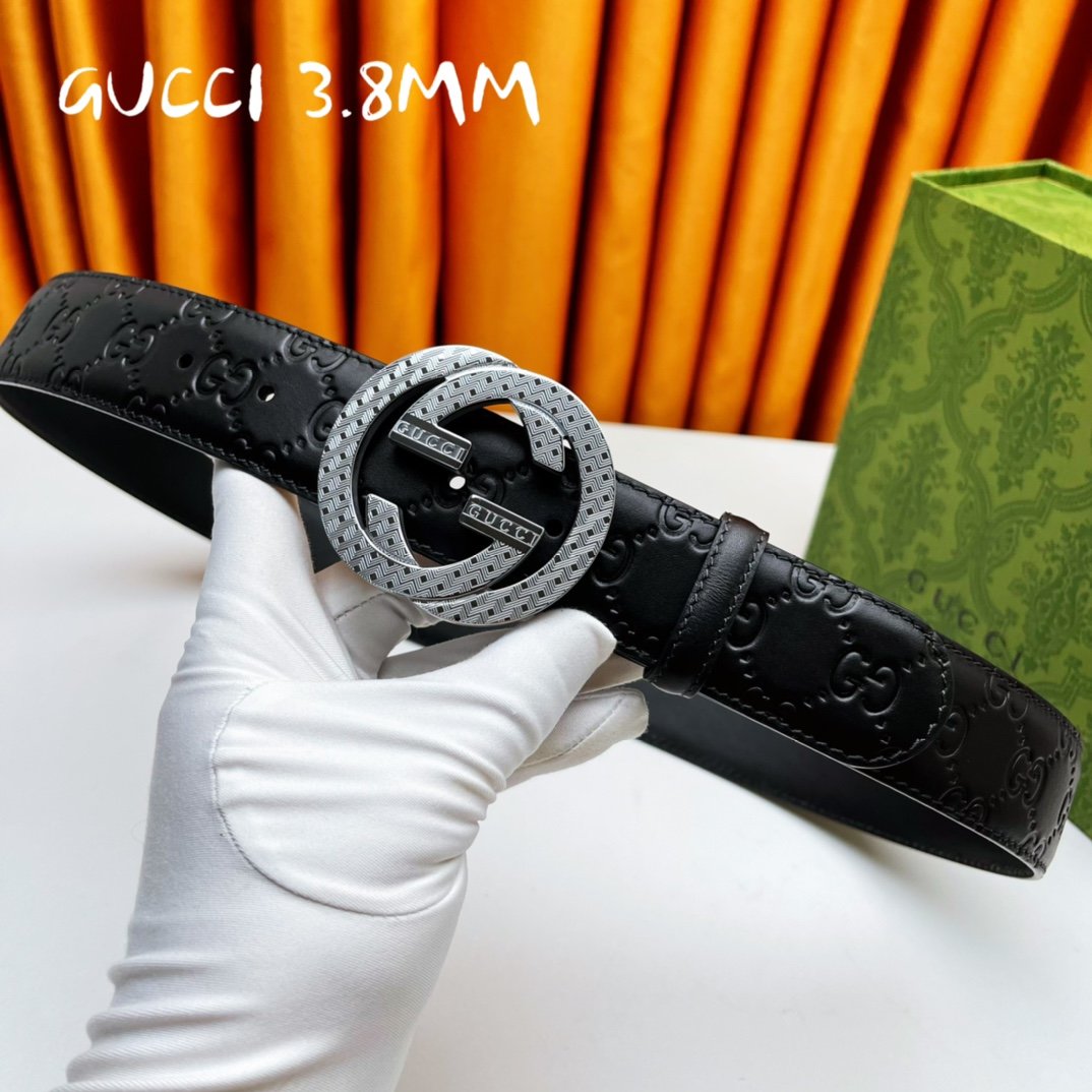 Gucci[正]原单纯钢花纹五金永不掉色头层牛皮精工制作4.0cm原厂压花高端套华实物拍摄！