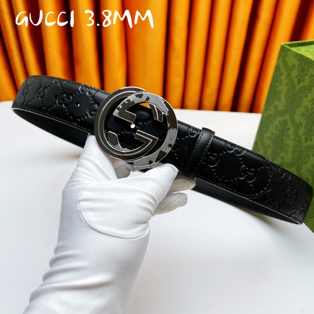 Gucci[正]原单纯钢花纹五金永不掉色头层牛皮精工制作4.0cm原厂压花高端套华实物拍摄！