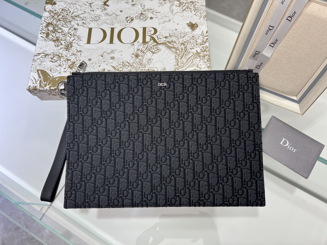 Dior A4 клатч черный с принтом Oblique, молния, съемный кожаный ремешок