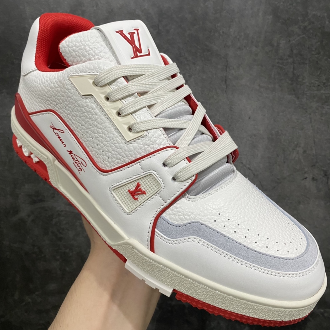 [Top-grade blank rubber version] Available for pickup on the same day, LV Trainer series high-end luxury sports shoes, super handsome white and red new models