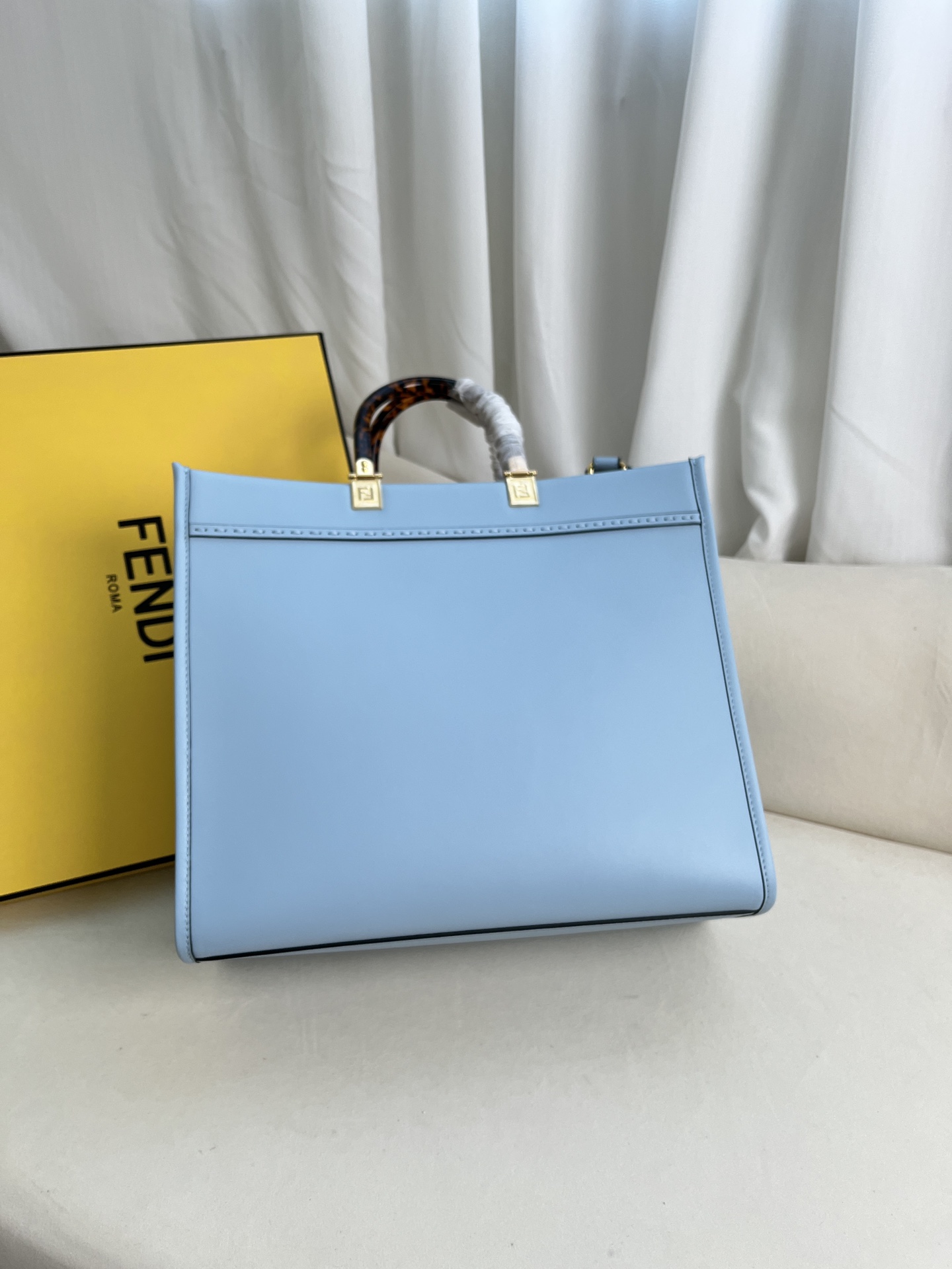 Fendi Sunshine Medium Blue Leather Tote Bag with Tortoiseshell Handles 2 i1685600704 1478 1