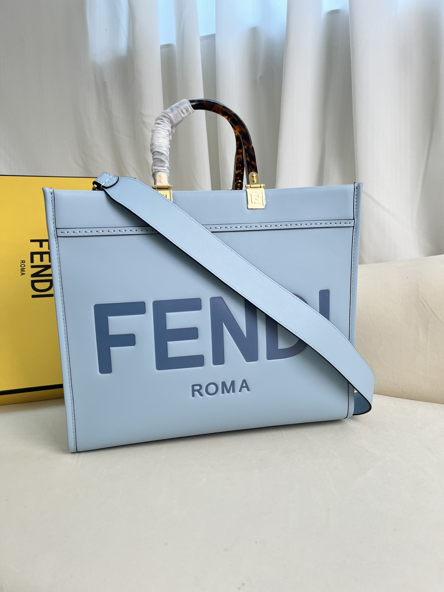 Fendi Sunshine Medium Blue Leather Tote Bag with Tortoiseshell Handles 1 i1685600704 725 0