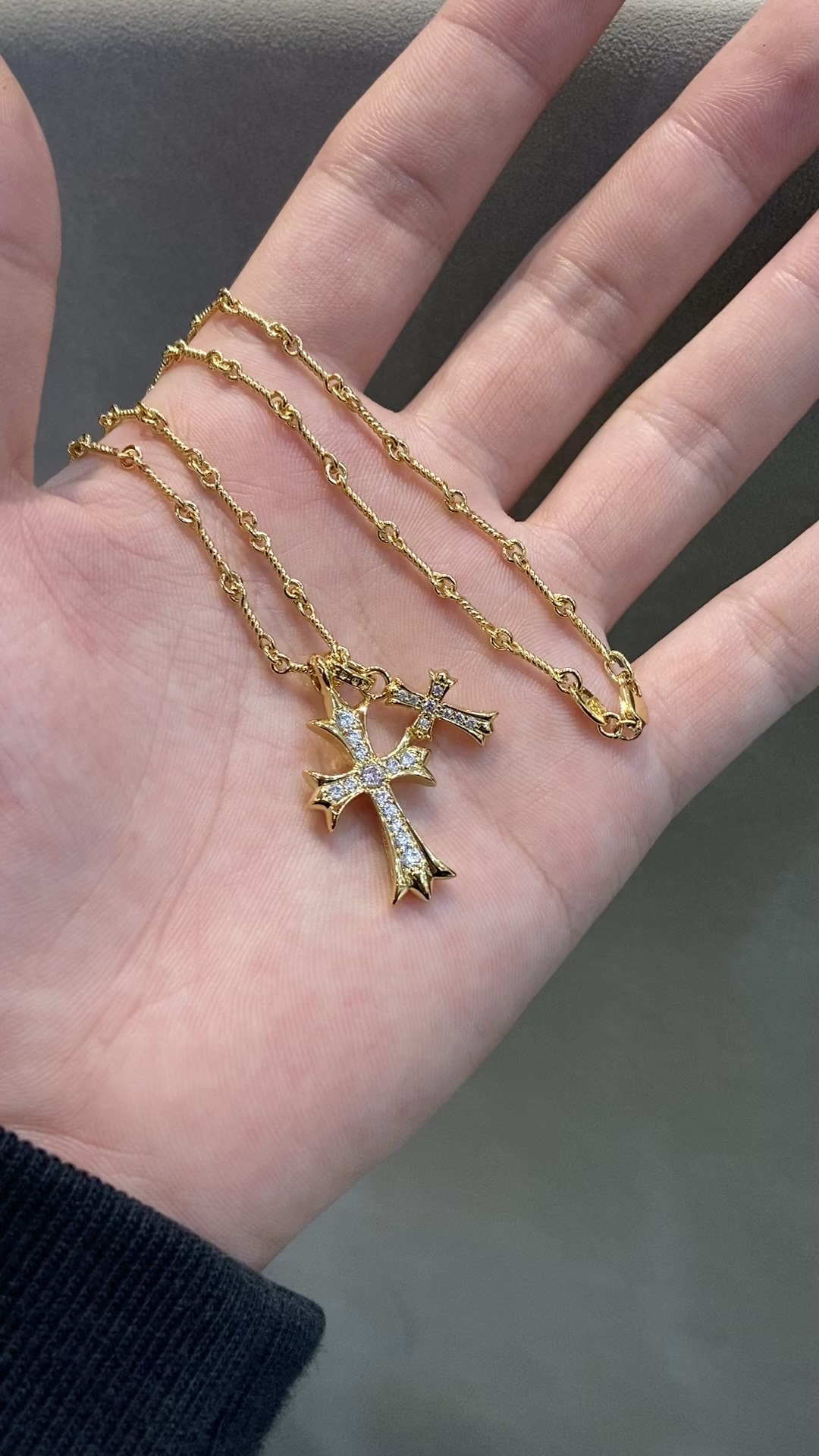 Chrome Hearts 克罗心 满钻双十字架项链 黄金色