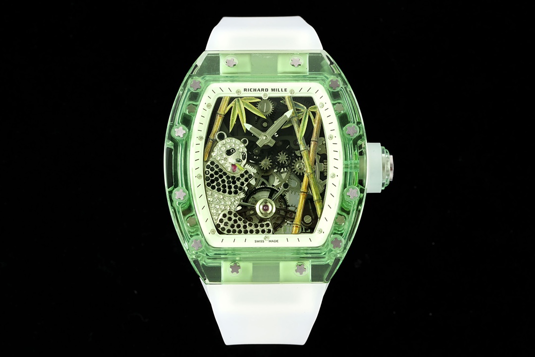 NO:152171,RICHARD MILLE Panda Eats Golden Bamboo Crystal RM26-01 Tourbillon Watch The lifelike panda is inlaid with shiny gems, and chewing green bamboo casually, like a painting, exquisite, vivid and realistic. The curved crystal wine barrel case has complex and difficult lines or angle design, and has undergone countless tests during processing and production, which brings huge challenges to the production. Its bezel, mid-layer case and watch bottom cover are all inlaid with crystalline crystal materials through titanium alloy screws, achieving a perfect harmony between the surface and the interior depth. The double hollow bottom plate makes the movement show from all angles. The movement structure and extremely complex hollow design are distinctive features of the crystal watch. The dynamic and speeding tourbillon allows you to see it with a crystal transparent shell cover. The movement vibrating frequency is 28,800 times per hour, and its performance is stable and accurate.19860909RICHARD MILLE 熊猫吃金竹 水晶RM26-01陀飞轮腕表 栩栩如生的熊猫身上镶嵌着闪闪发亮的宝石,休闲咀嚼着翠竹,犹如一幅画,精致、生动、逼真. 曲线的水晶酒桶表壳复杂高难度线条或角度设计,在加工制作时经过无数次测试,给制作带来巨大的挑战,它的表圈、中层表壳和表底盖全部是用晶莹水晶材料通过钛合金螺丝镶嵌而成,实现表面与内部深度的完美调和,双镂空底板更使得机芯从各个角度得以展现. 机芯结构和极致复杂的镂空设计是水晶腕表的鲜明特点,动感飞驰的陀飞轮通过水晶透明壳套让你一览无余.机芯振频28800次每小时,性能稳定精准.,,Watch