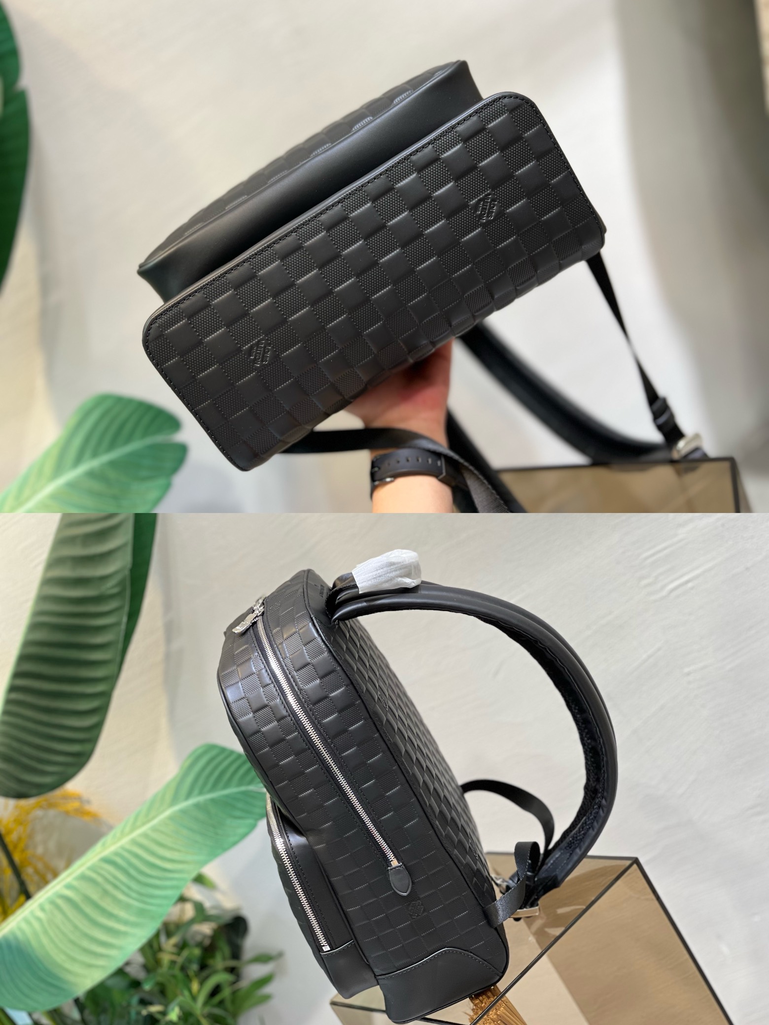 N40306本款 Campus 双肩包为 Damier Infini 皮革压印经典棋盘格纹,再将醒目 V 字压印后侧丝滑皮革 3