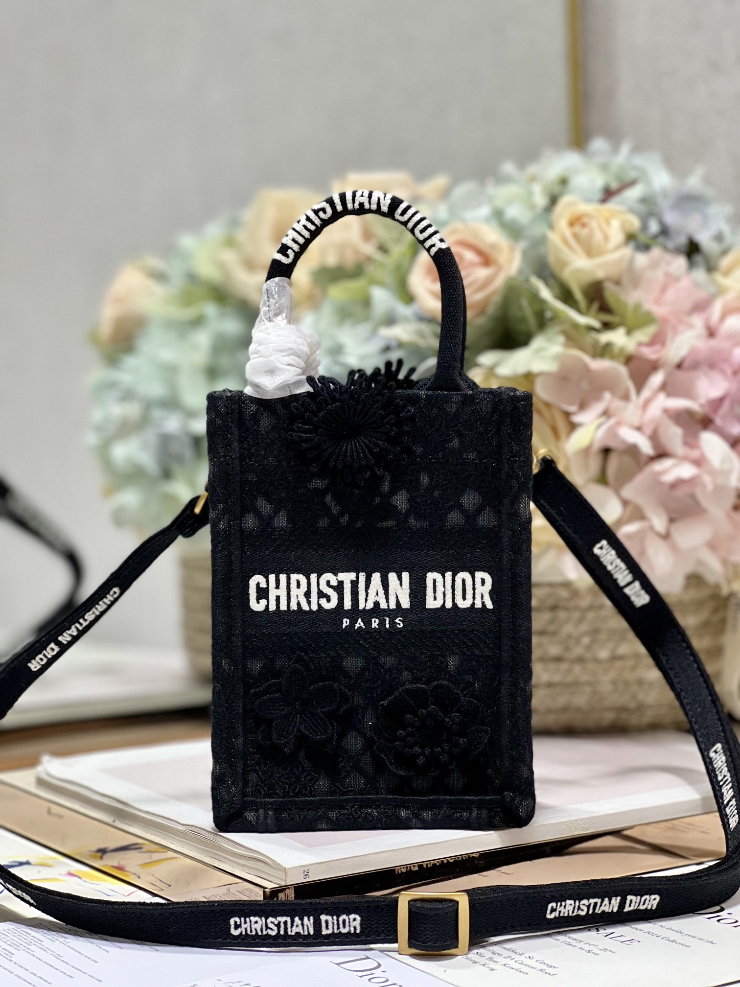 Dior Book Tote Tote Bags Black Embroidery Fashion Mini