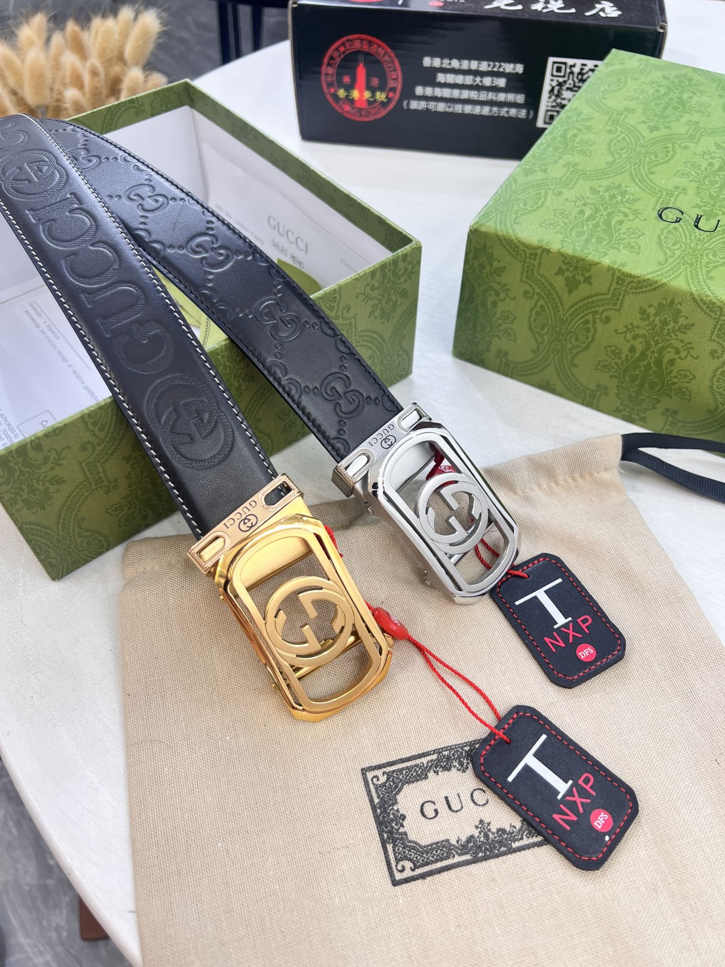 古奇GUCCi自动扣皮带 新款 GG压花头层牛皮 顶级品质商务正装 古奇自动皮带滑轨手感柔软 土黄牛皮低