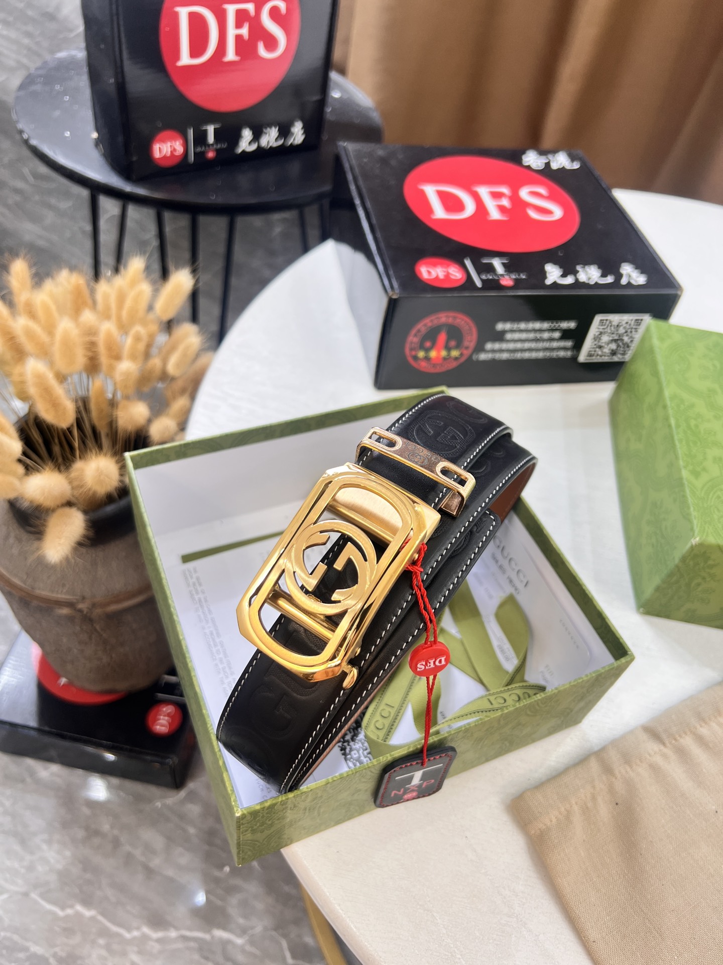 古奇GUCCi自动扣皮带 新款 GG压花头层牛皮 顶级品质商务正装 古奇自动皮带滑轨手感柔软 土黄牛皮低