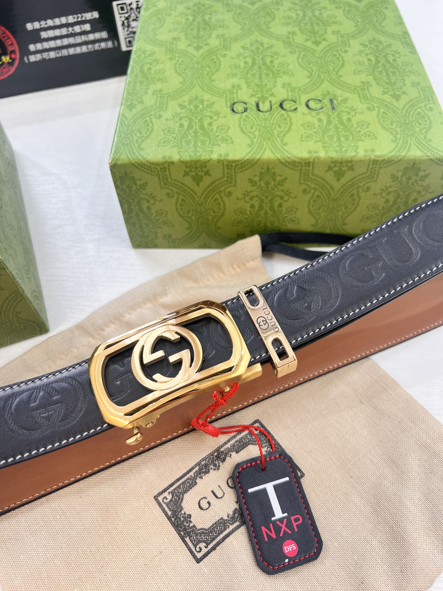 古奇GUCCi自动扣皮带 新款 GG压花头层牛皮 顶级品质商务正装 古奇自动皮带滑轨手感柔软 土黄牛皮低