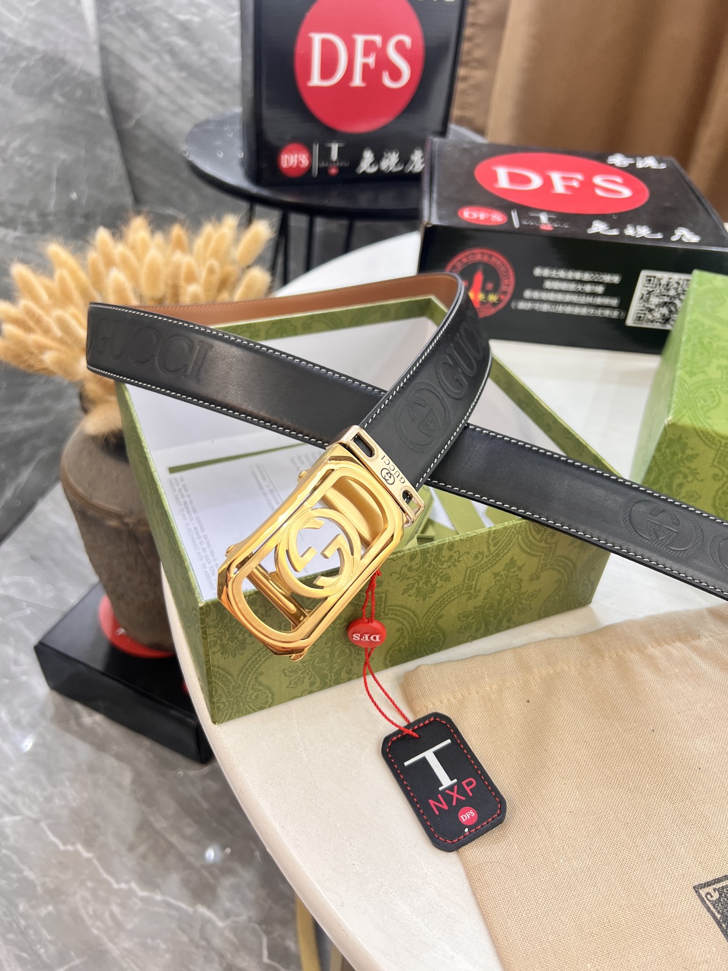 古奇GUCCi自动扣皮带 新款 GG压花头层牛皮 顶级品质商务正装 古奇自动皮带滑轨手感柔软 土黄牛皮低