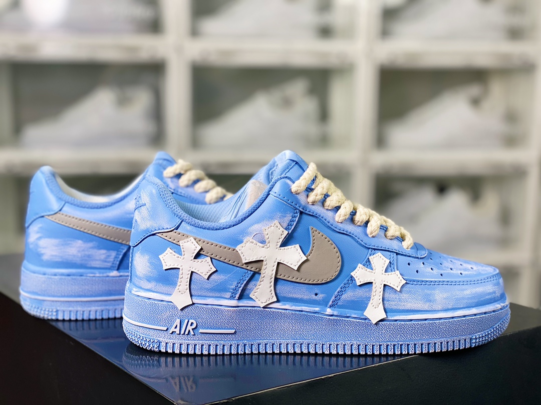 Air Force 1'07 Low ”Tannin Blue/White Chrome Hearts” Air Force 1 suede sneakers ”dip-dyed blue and white distressed splash ink Chrome Hearts” 315122-111