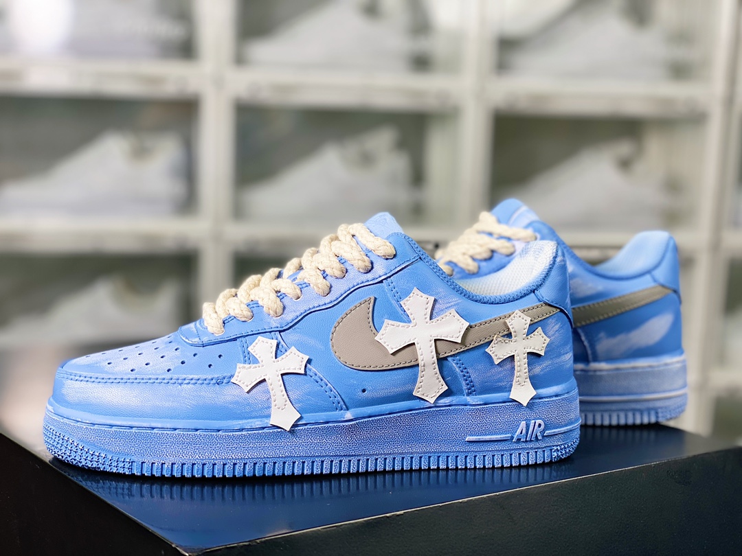 Air Force 1'07 Low ”Tannin Blue/White Chrome Hearts” Air Force 1 suede sneakers ”dip-dyed blue and white distressed splash ink Chrome Hearts” 315122-111