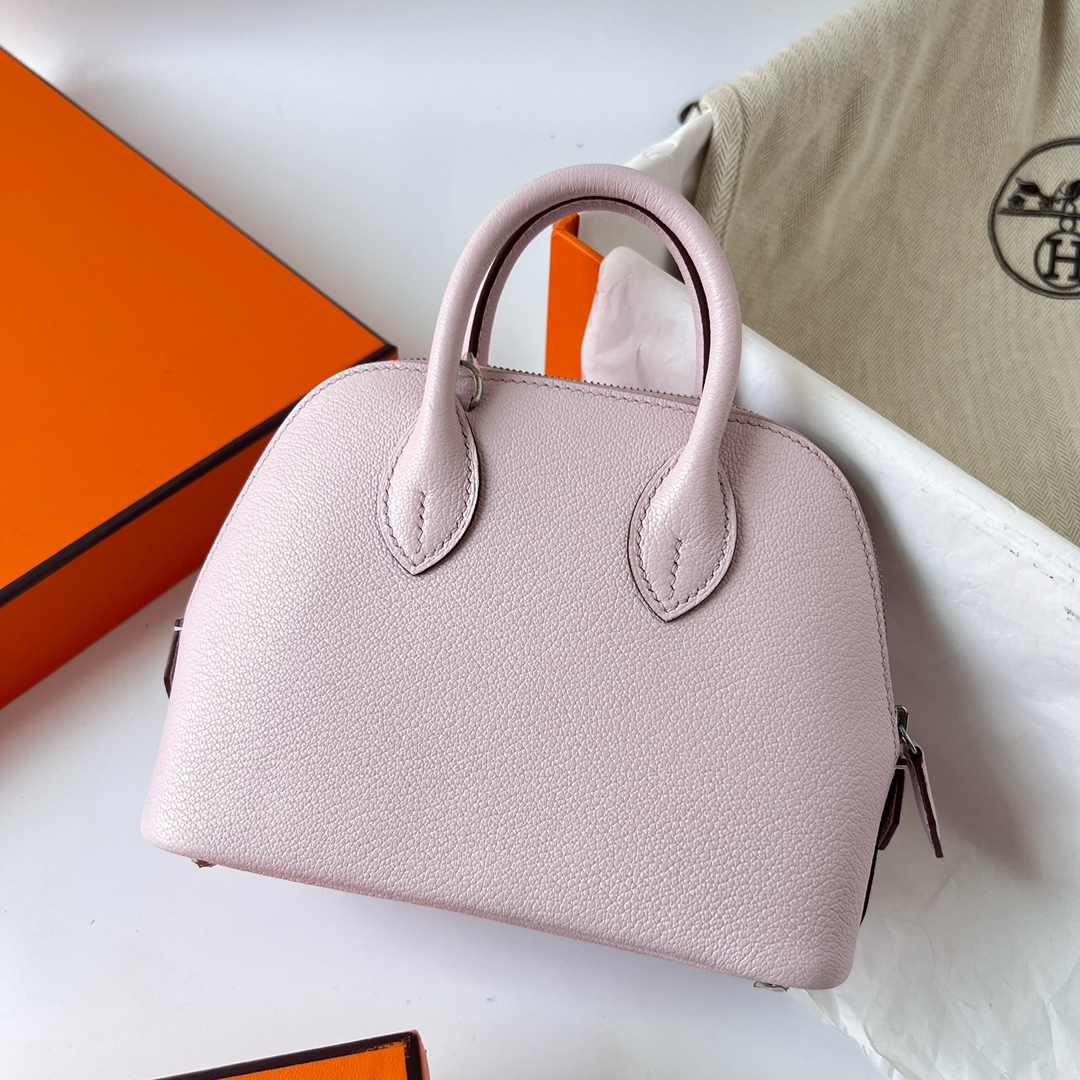 Hermès Hermes entry Mini bolide 20cm chevre imported goatskin 09 dreamy pink and purple top craftsmanship wax thread full stitching silver buckle