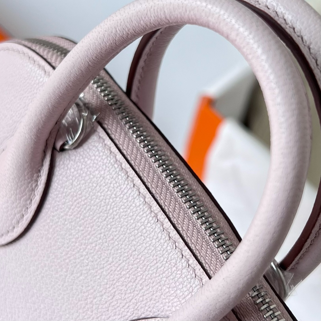 Hermès Hermes entry Mini bolide 20cm chevre imported goatskin 09 dreamy pink and purple top craftsmanship wax thread full stitching silver buckle