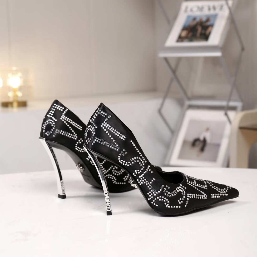 35-42 yardas, fábrica Versace nuevos zapatos individuales de tacón alto, tela seda importada diamant