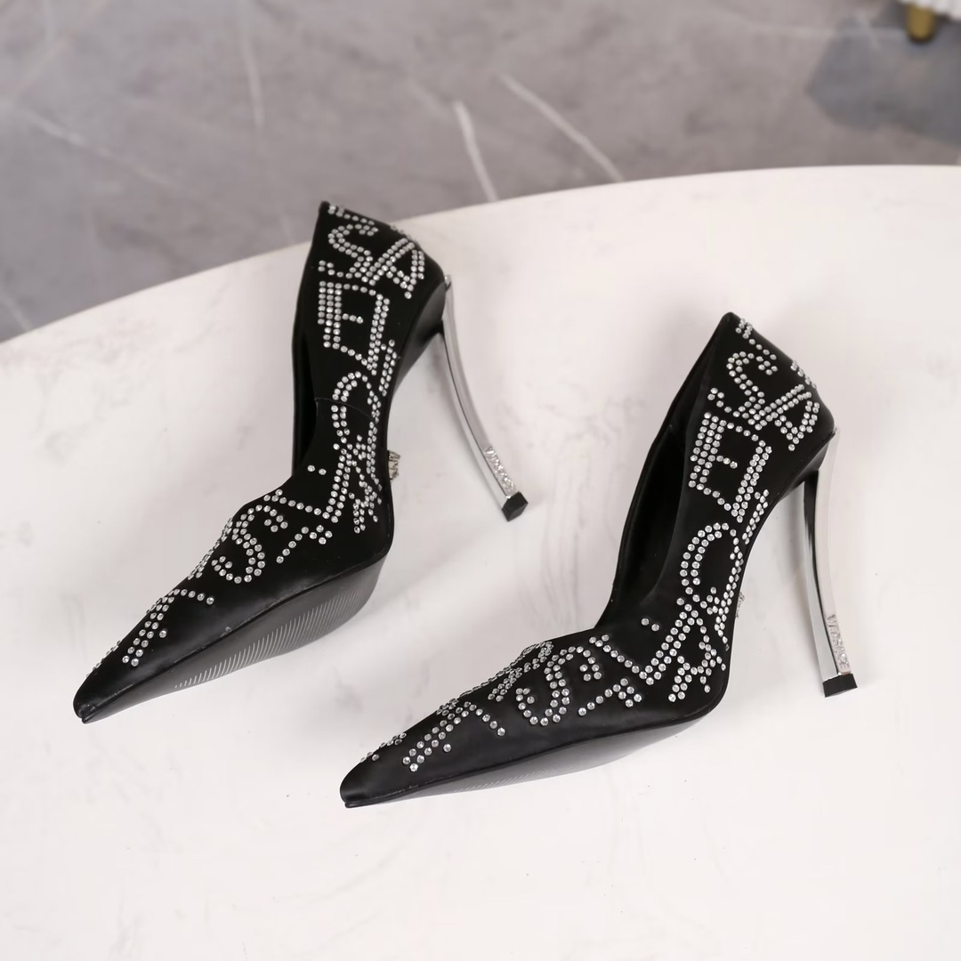 35-42 yardas, fábrica Versace nuevos zapatos individuales de tacón alto, tela seda importada diamant
