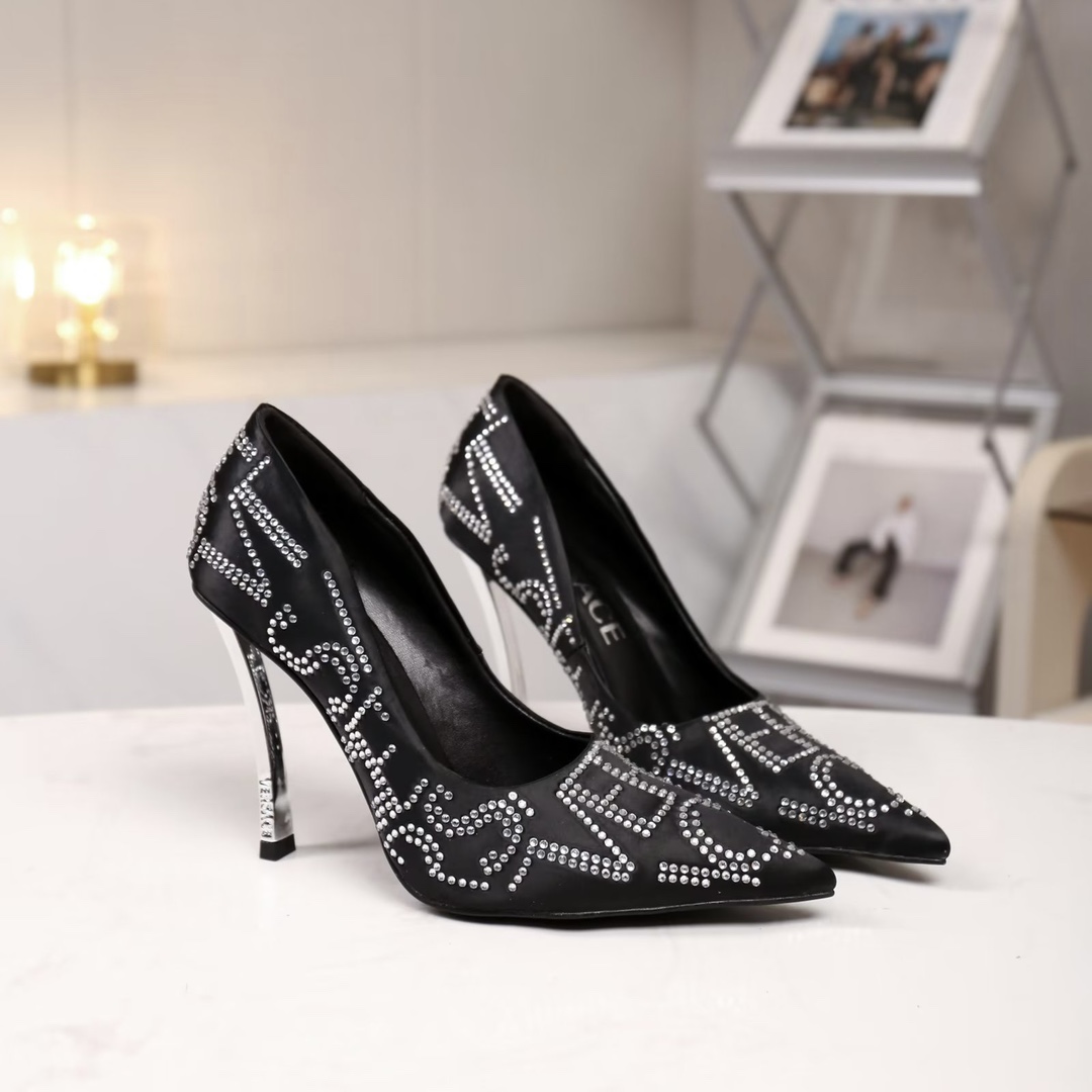 35-42 yardas, fábrica Versace nuevos zapatos individuales de tacón alto, tela seda importada diamant