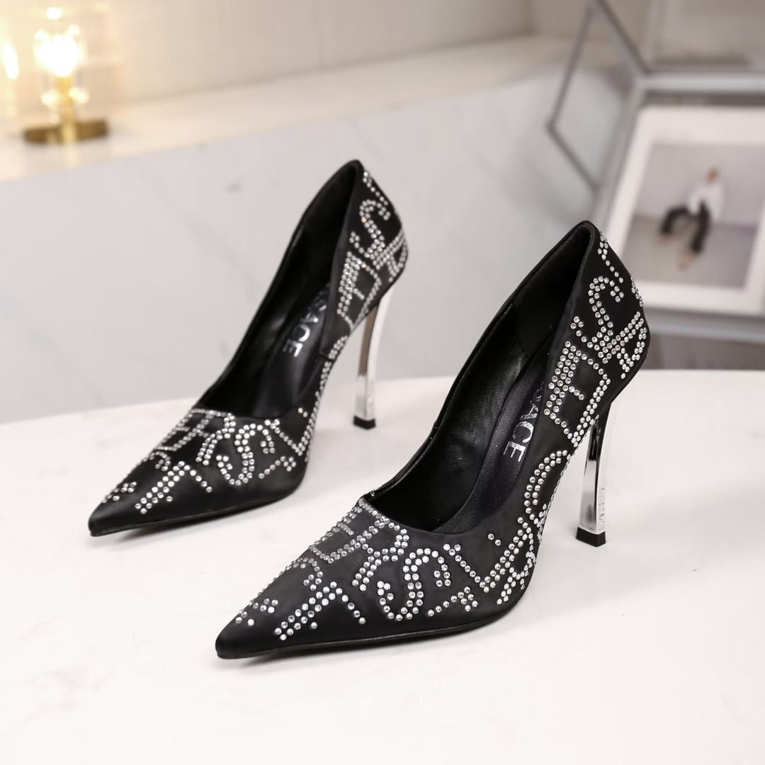 35-42 yardas, fábrica Versace nuevos zapatos individuales de tacón alto, tela seda importada diamant