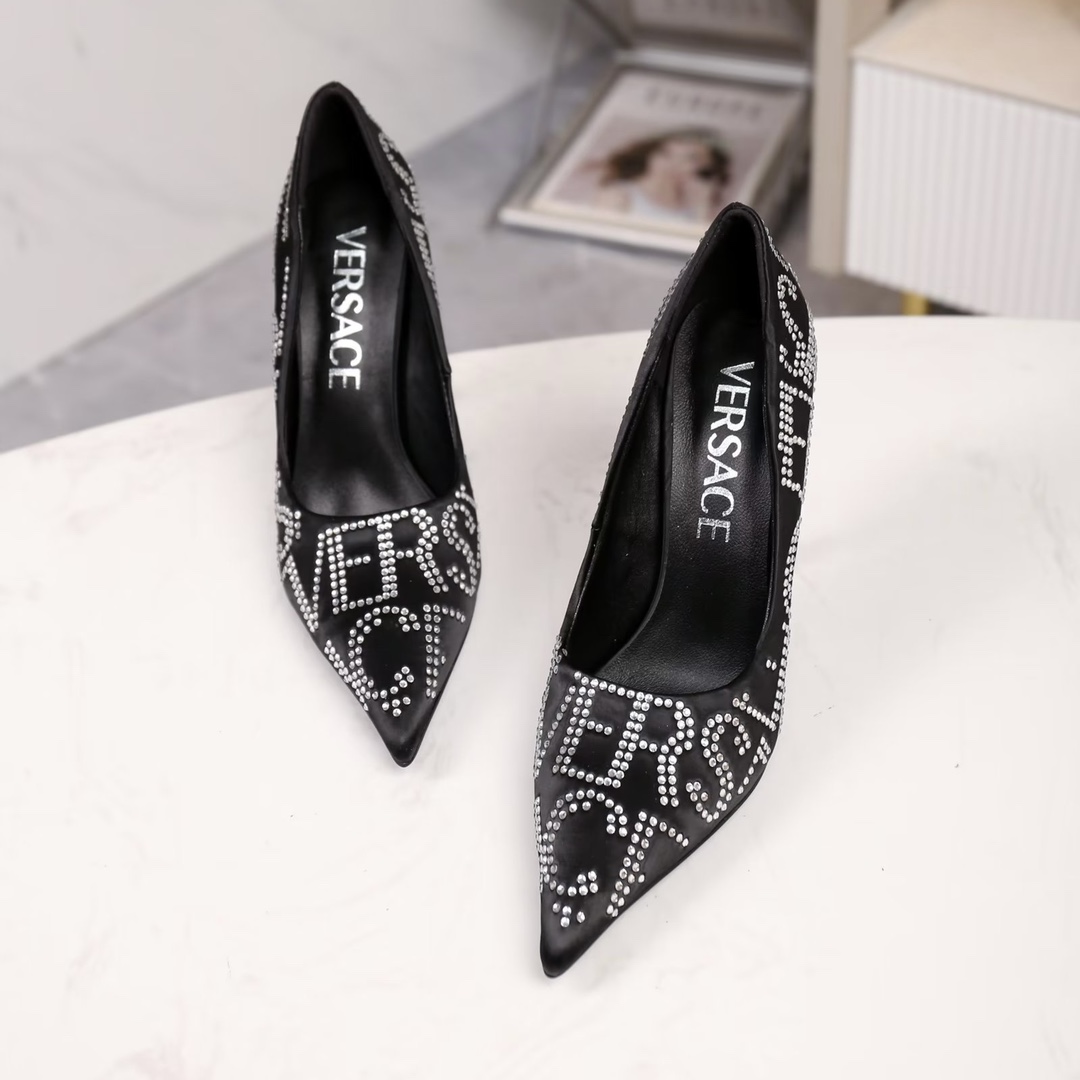 35-42 yardas, fábrica Versace nuevos zapatos individuales de tacón alto, tela seda importada diamant