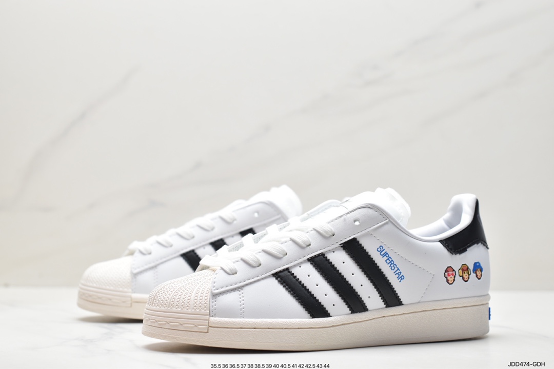 Monkey Kingdom x Adidas Originals Superstar ”Heart” classic shell toe series low-top sneakers ”leather white and black pixel style monkey” IG3500