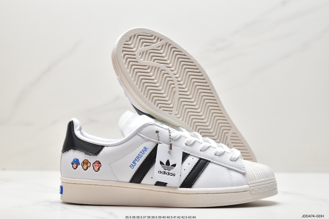 Monkey Kingdom x Adidas Originals Superstar ”Heart” classic shell toe series low-top sneakers ”leather white and black pixel style monkey” IG3500