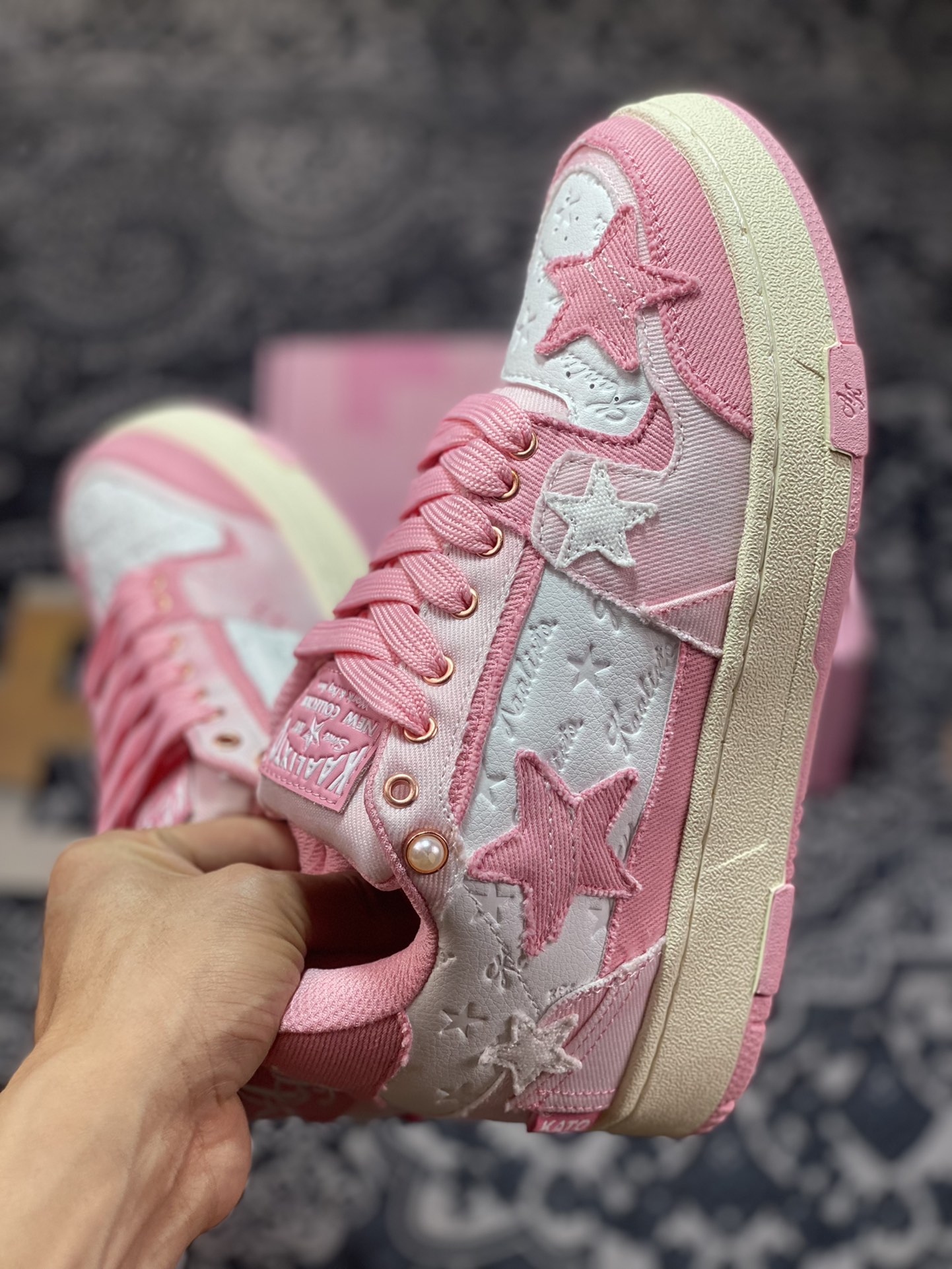 Kaalixto Classic Sneaker ”STAR” series low-top casual skateboard shoes ”washed denim pink and white stars” KSH221012