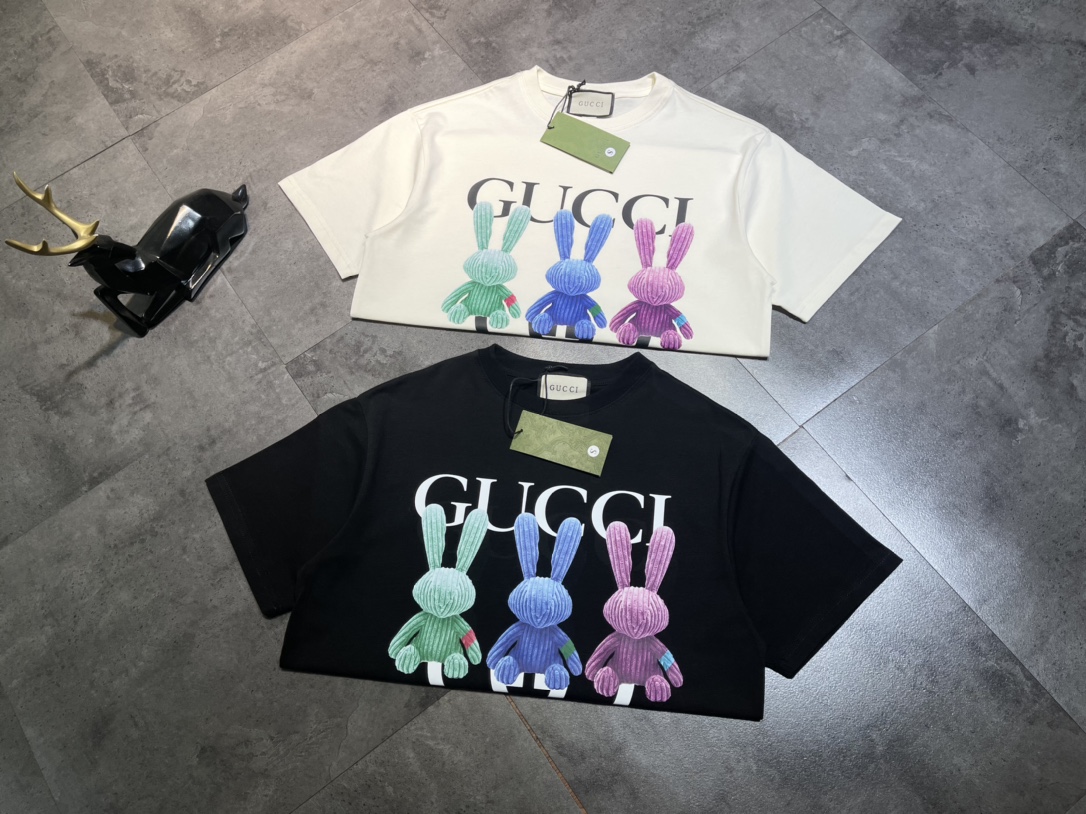 Gucci Clothing T-Shirt Beige Black White Printing Unisex Cotton Short Sleeve