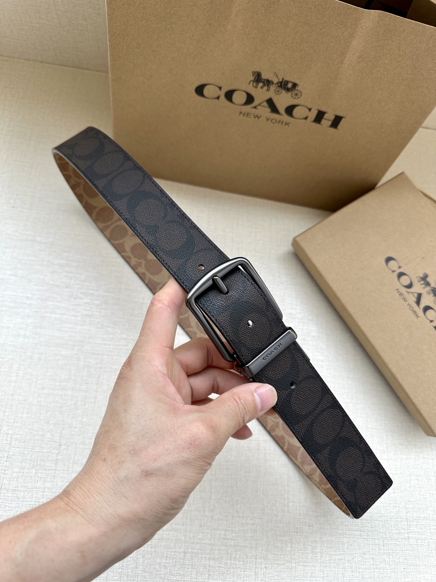 COACH Black Cloth Belt: 3.7cm Wide, Customizable, Double-Sided Appearance, Cropable.