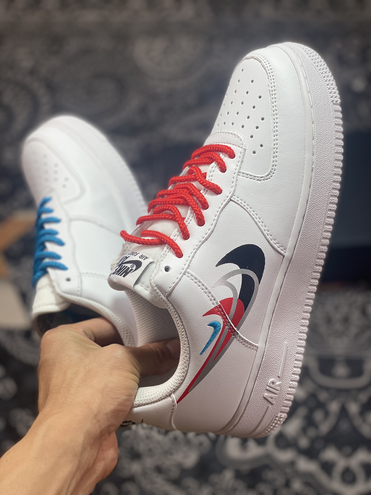 200 Nike Air Force 1’07 Low GS"Quadruple Swoosh White Navy Crimson"空军一号板鞋“皮革白蓝红四钩子”FJ4226-100