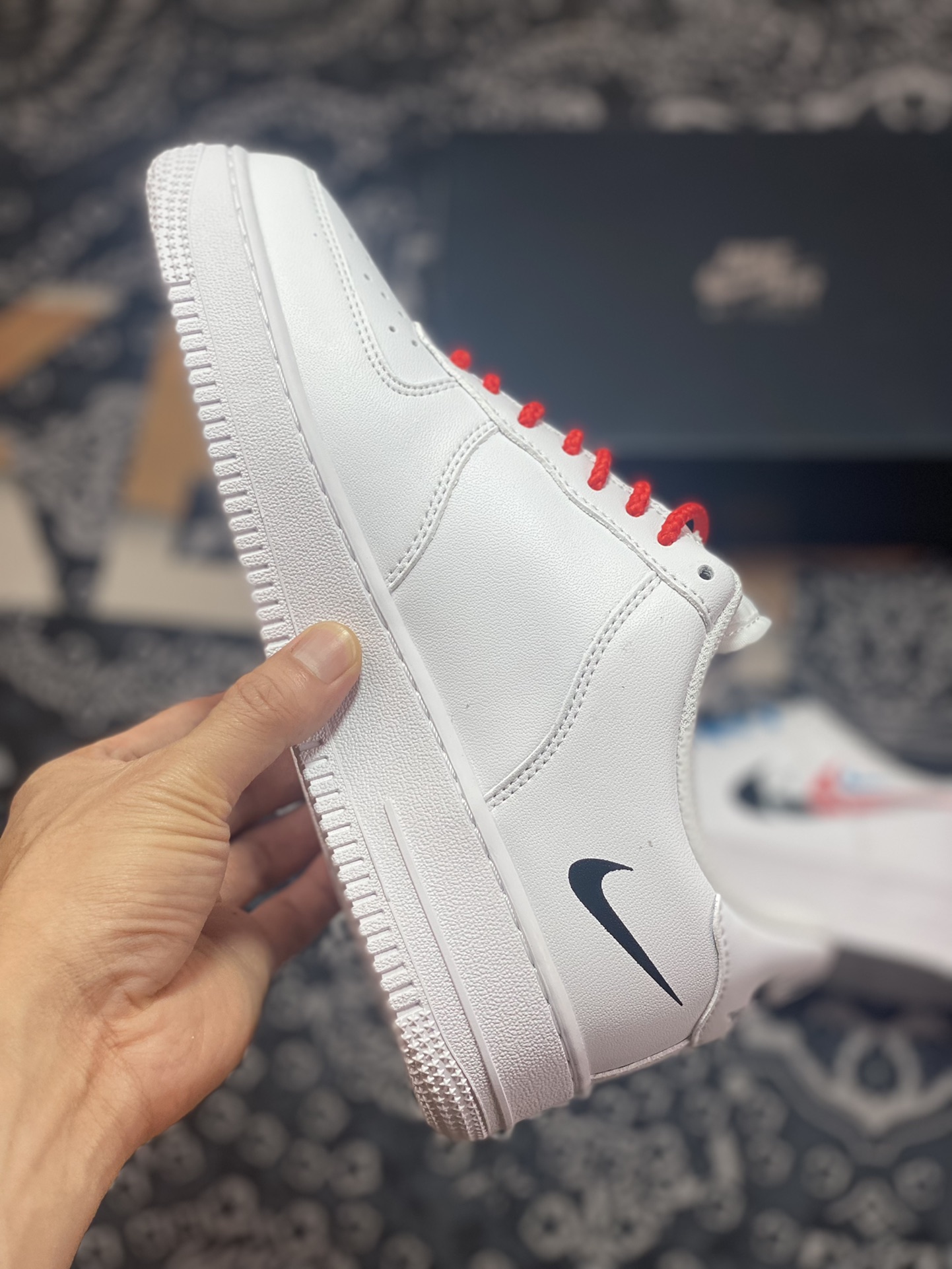 200 Nike Air Force 1’07 Low GS"Quadruple Swoosh White Navy Crimson"空军一号板鞋“皮革白蓝红四钩子”FJ4226-100