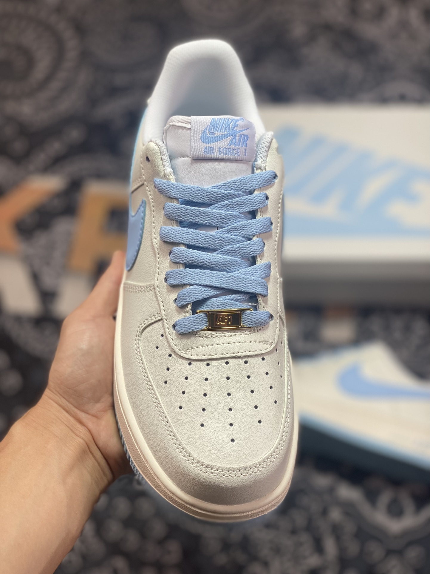 Original grade Air Force 1 '07 Low White Light Blue Swoosh SP0758-031