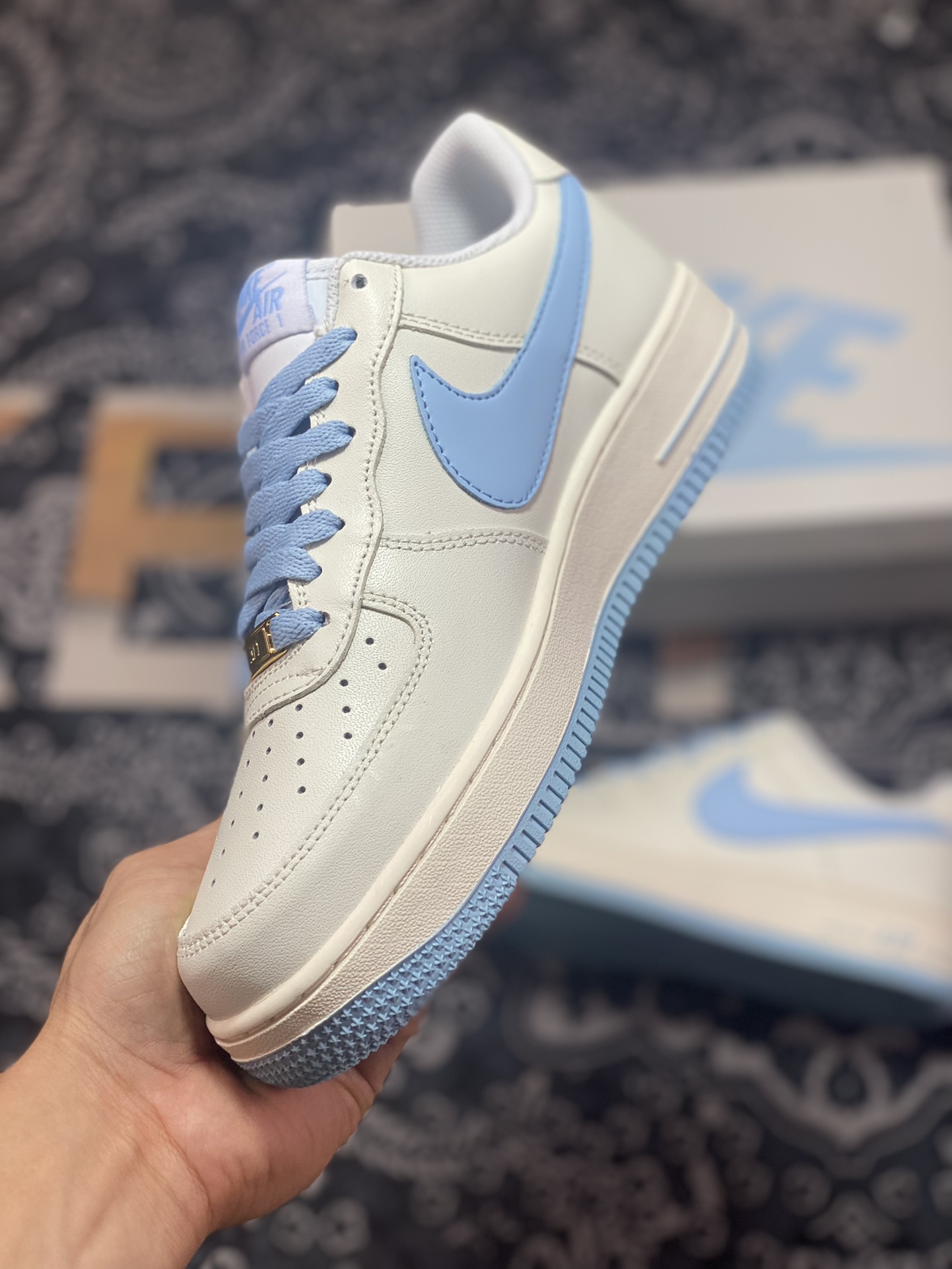 Original grade Air Force 1 '07 Low White Light Blue Swoosh SP0758-031