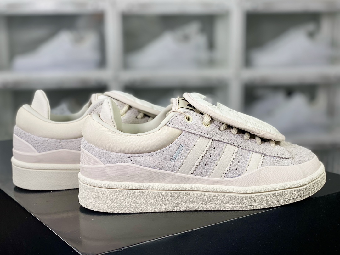 Bad Bunny x ¡¾Adidas¡¿ Campus Light ”Cloud White” College Wright series low-top sneakers ”Co-branded Cream White Bad Bunny” FZ5823