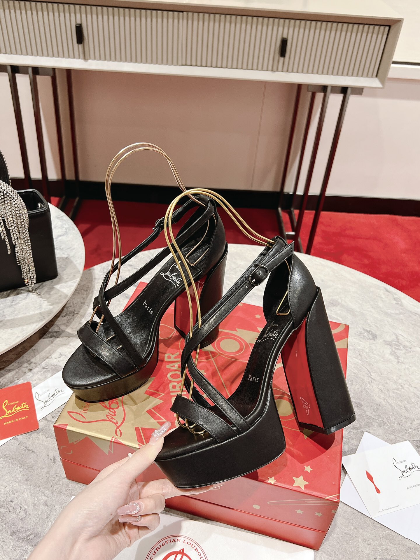 Christian Louboutin Shoes High Heel Pumps Sandals Black Calfskin Cowhide Patent Leather
