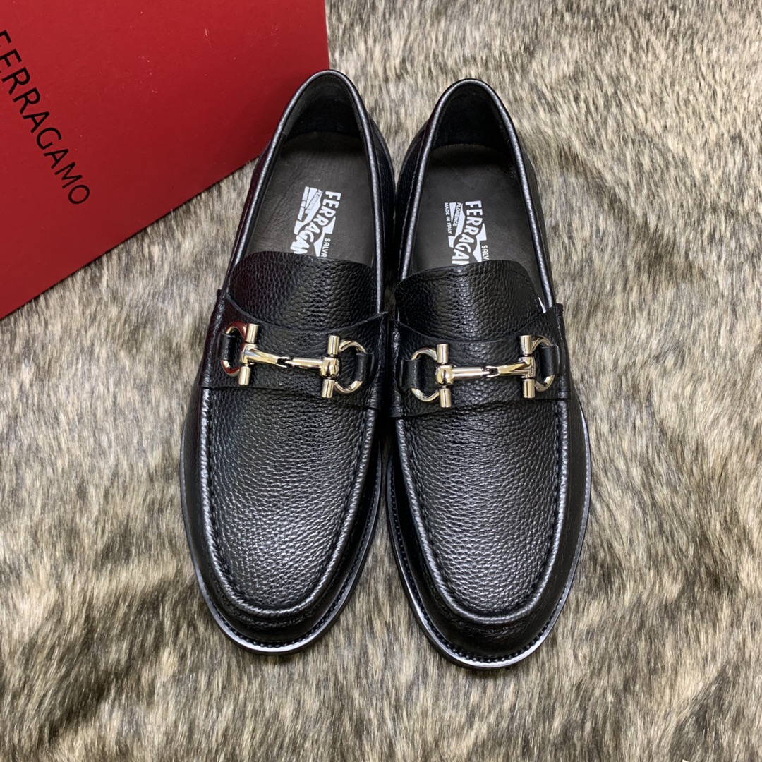 Ferragamo Men's Black Leather Loafers with Signature Buckle Detail 1 Ferragamo Men's Black Leather Loafers with Signature Buckle Detail