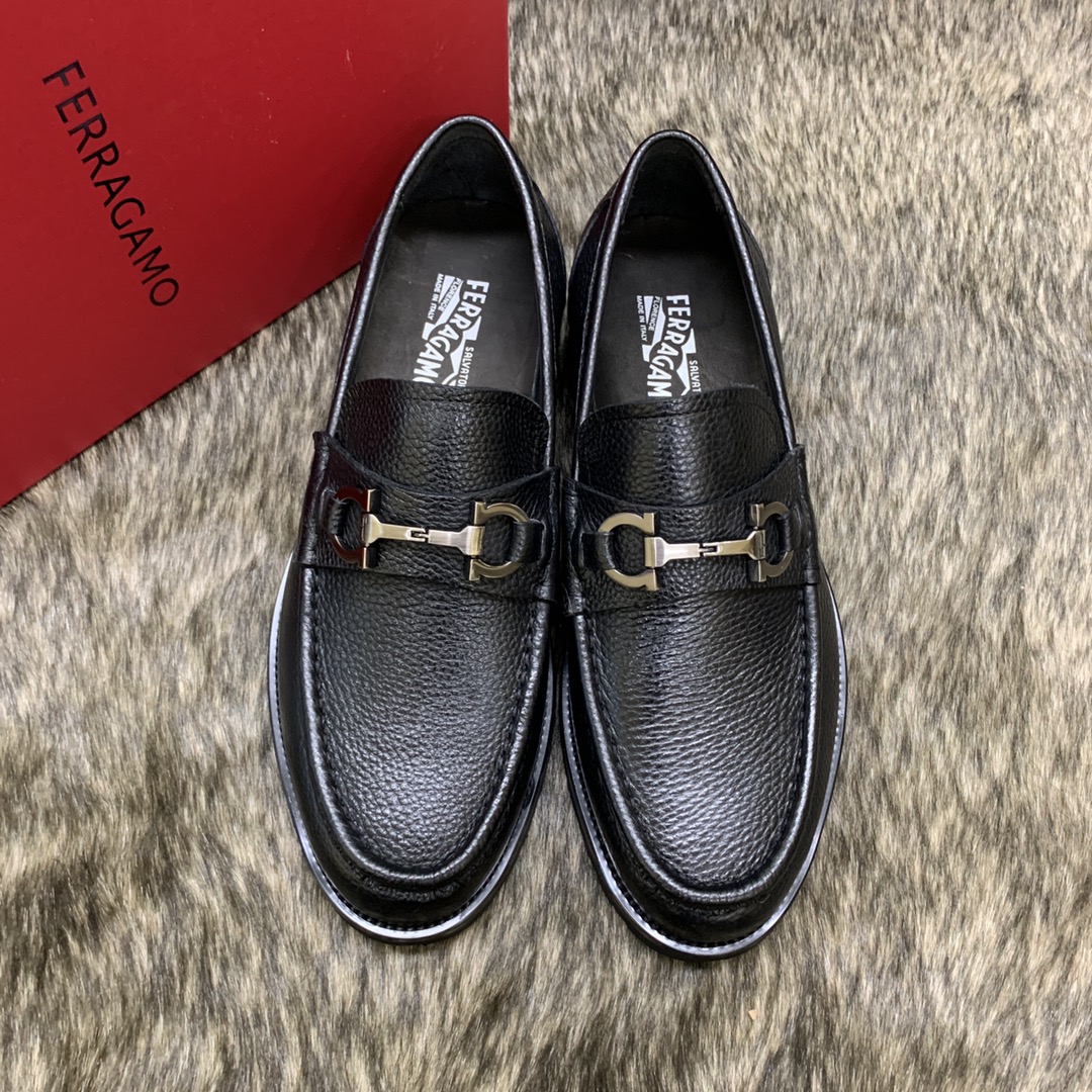 Ferragamo Men's Black Leather Loafers with Signature Buckle, Sizes 39-44 1 Ferragamo Men's Black Leather Loafers with Signature Buckle, Sizes 39-44