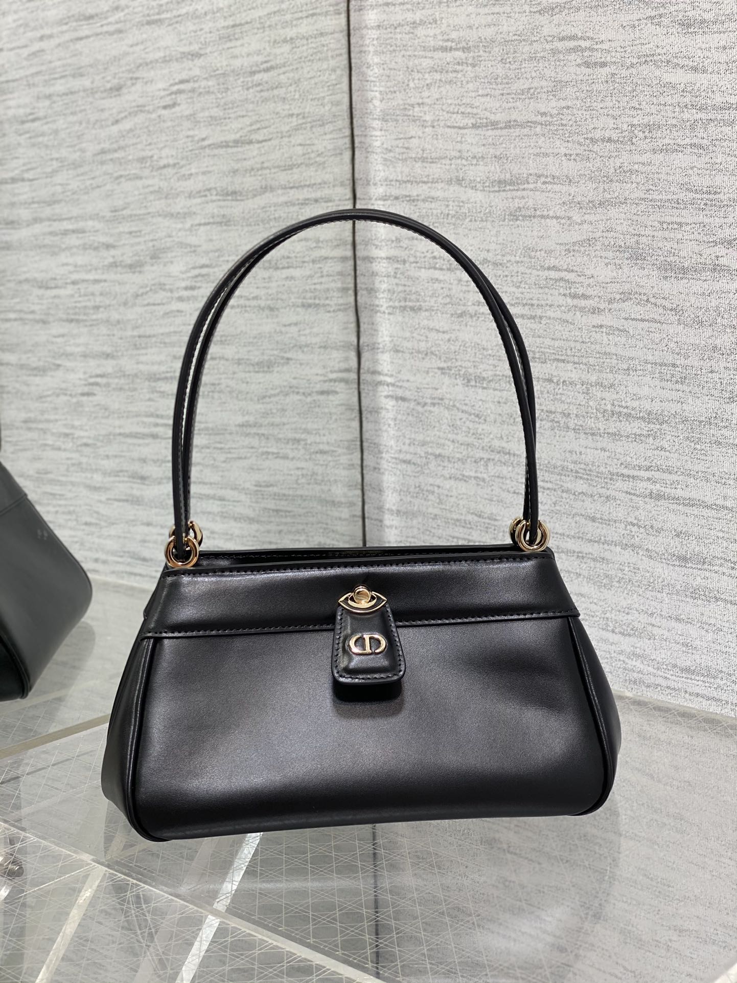 Small Black Calfskin Twist-Lock Letter Clasp Top Handle Shoulder Bag