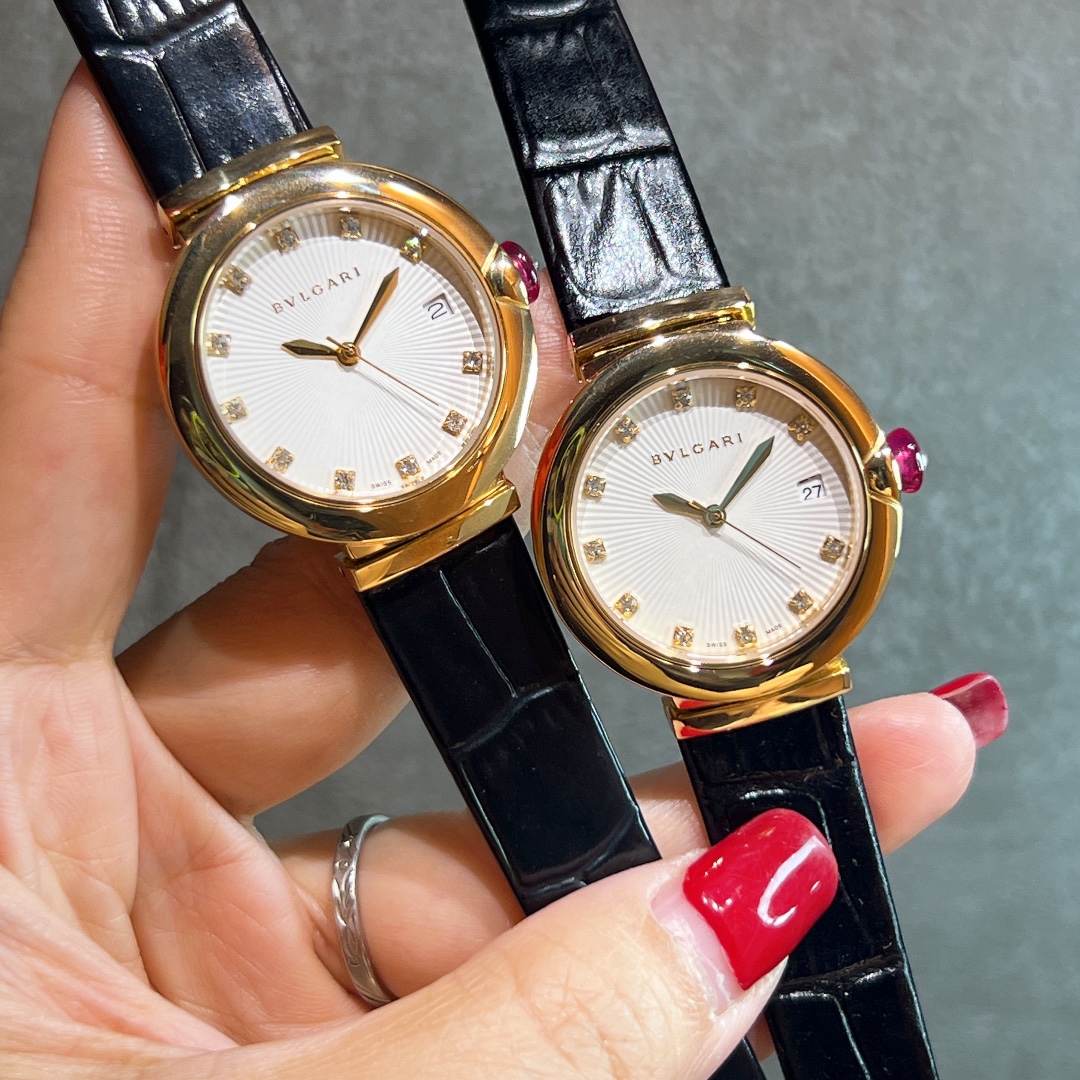 Bvlgari Lvcea yellow gold case / bezel, white dial, black leather strap 33mm Women's Quartz