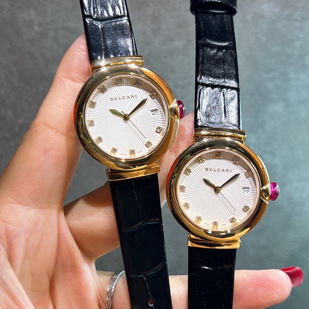 Bvlgari Lvcea yellow gold case / bezel, white dial, black leather strap 33mm Women's Quartz