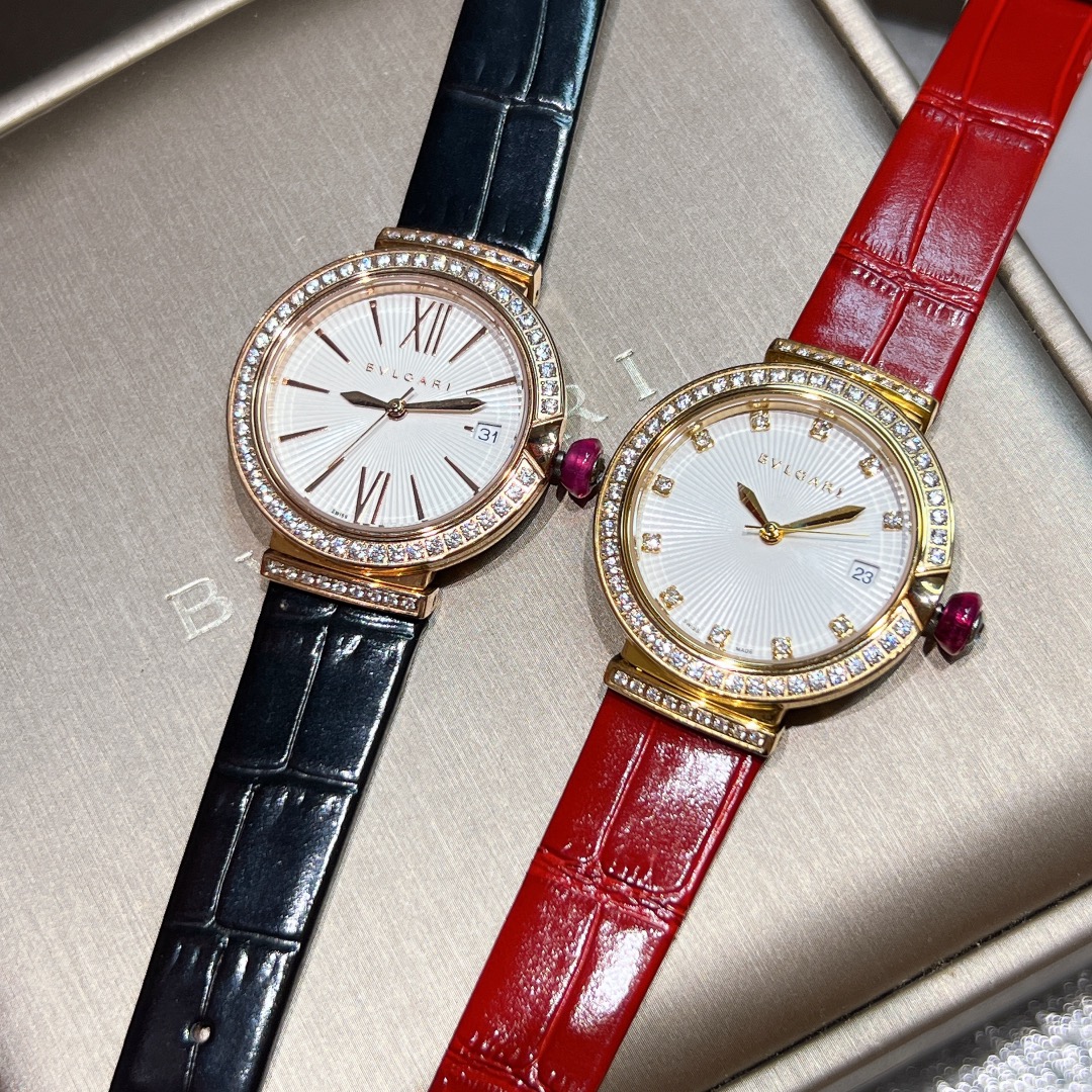 Bvlgari Lvcea rose gold case, diamond bezel, white dial, black leather strap 33mm Women's Automatic