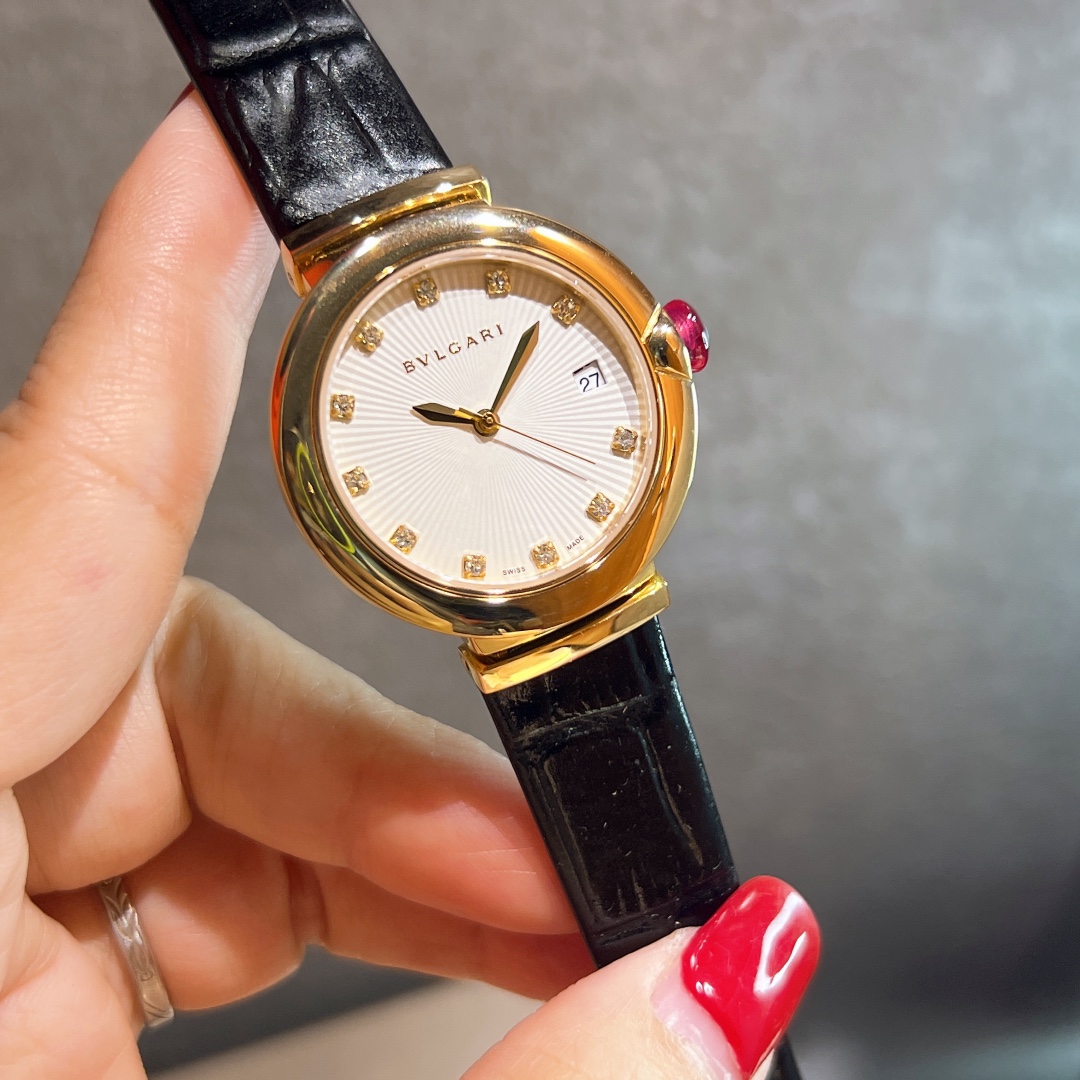 Bvlgari Lvcea rose gold case, pink gemstone bezel, mother-of-pearl dial, red leather strap 33mm Women's Quartz