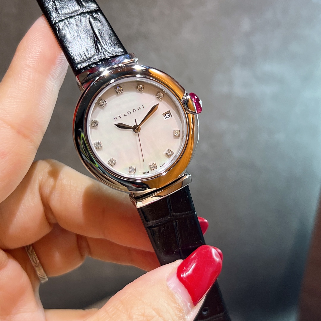 Bvlgari Lvcea rose gold case, pink gemstone bezel, mother-of-pearl dial, red leather strap 33mm Women's Quartz