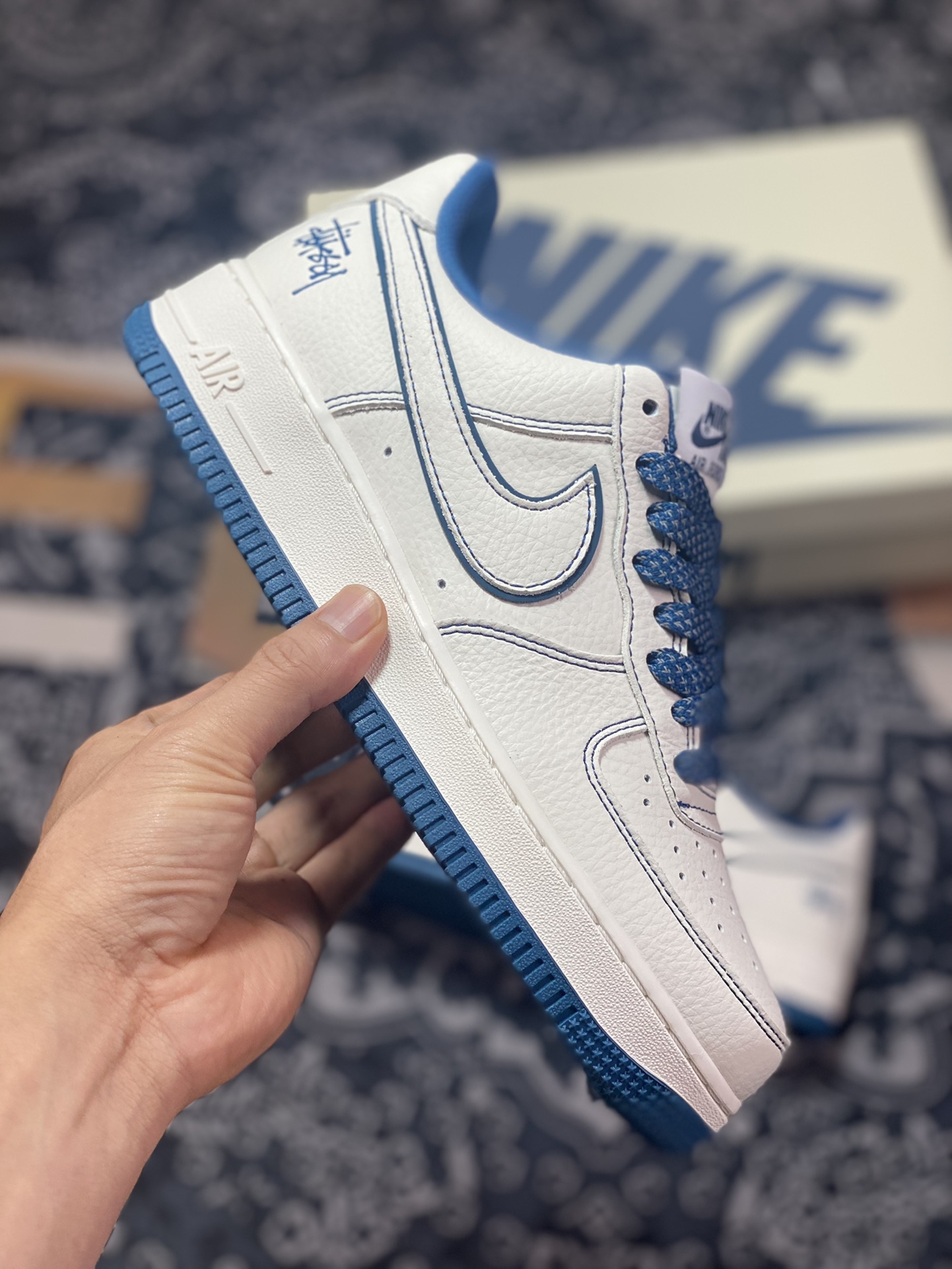 260 Stüssy x Nike Air Force 1′07 Low”Milk White/indigo”空军一号板鞋“皮革米白靛蓝斯图西”UN1635-333