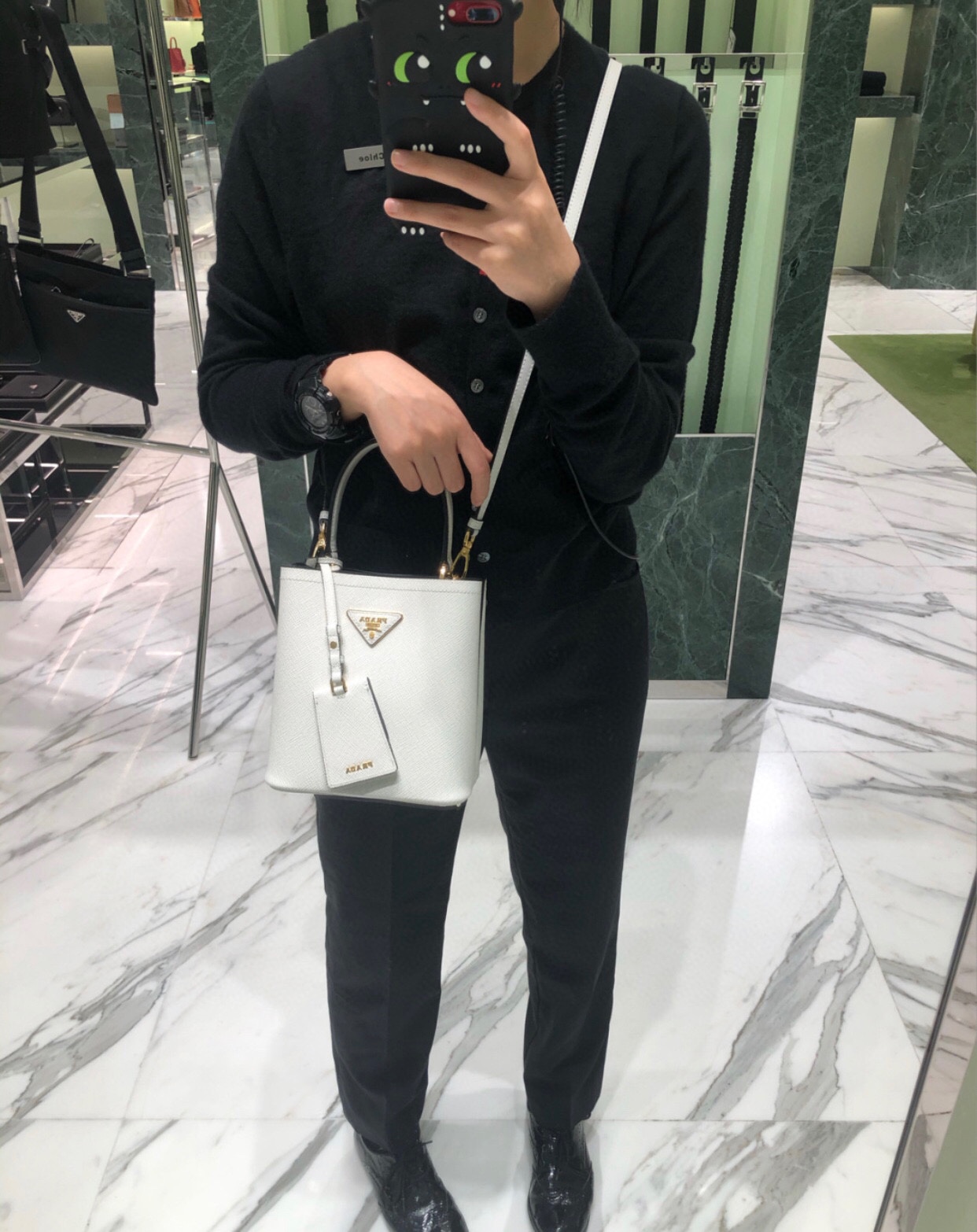 Upper body picture ~ prada Prada bucket bag